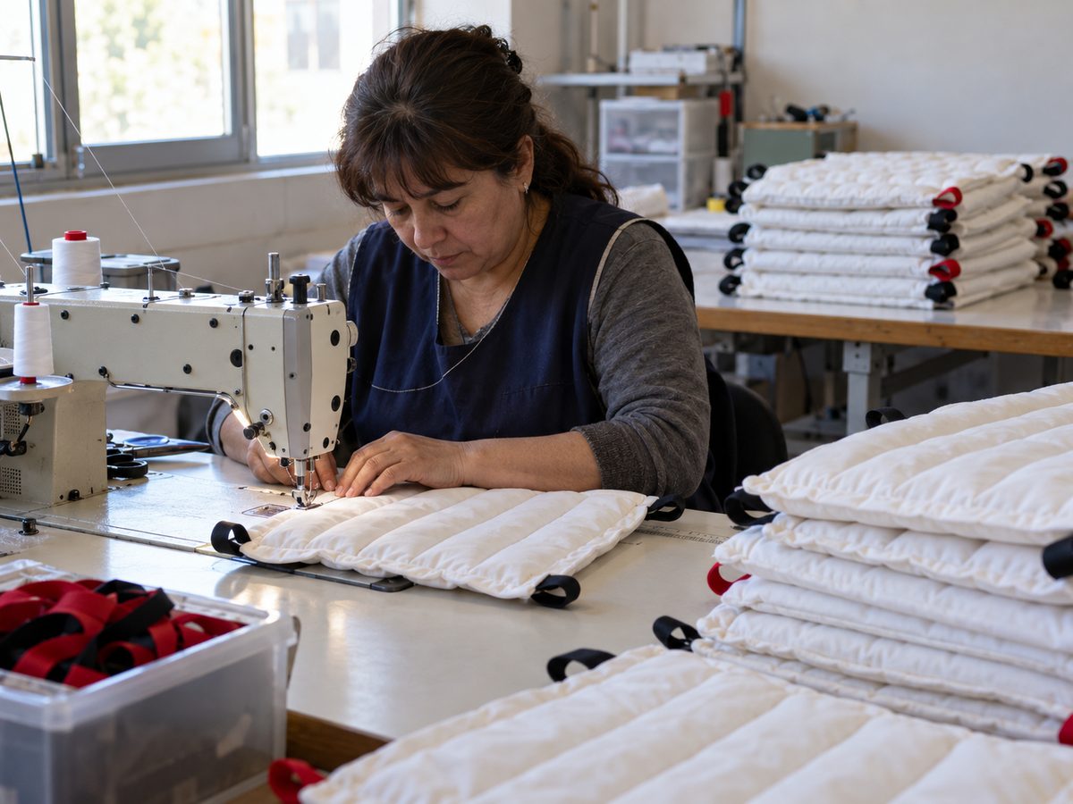 Confección de compresas de lona de algodón en el taller